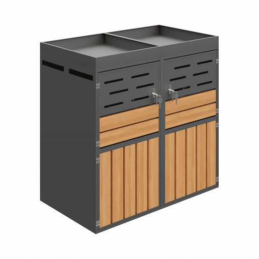 Armário exterior multifuncional - 2 compartimentos - com floreira integrada, ventilação com lâminas, estrutura em aço galvanizado e corrente de segurança - cinzento