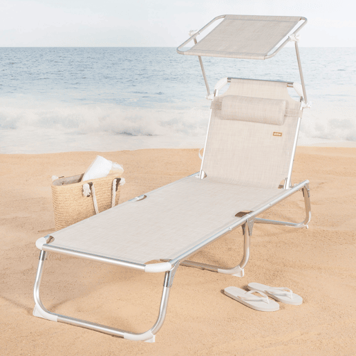 Aktive Espreguiçadeira de praia multiposições 186x49x30 cm bege com guarda-sol e almofada