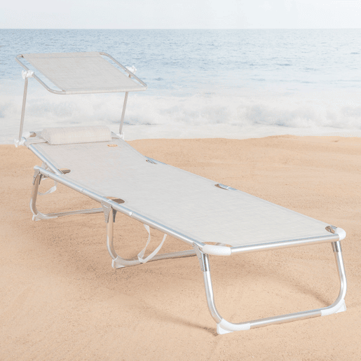 Aktive Espreguiçadeira de praia multiposições 186x49x30 cm bege com guarda-sol e almofada