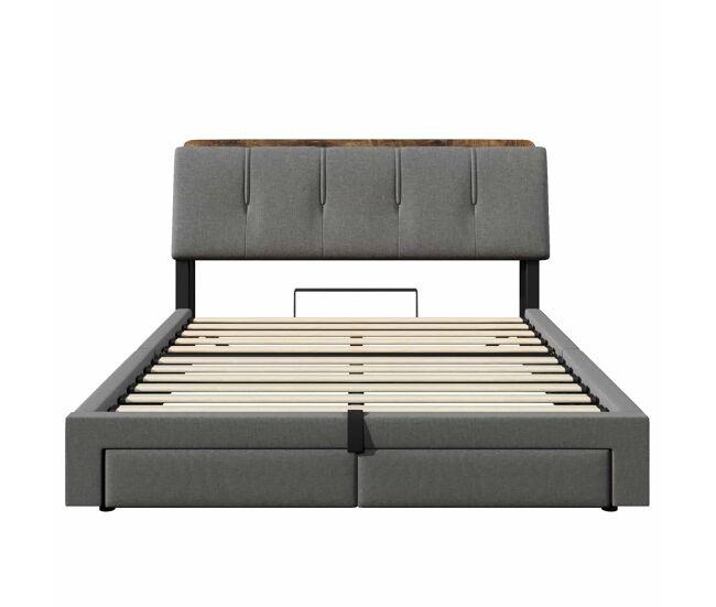 Cama tapizada 140x200 cm - almacenamiento hidráulico, usb tipo-c, led, lino, multifuncional - gris