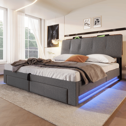 Cama estofada 140x200 cm - armazenamento hidráulico, USB Tipo-C, LED, linho, multifuncional - cinza