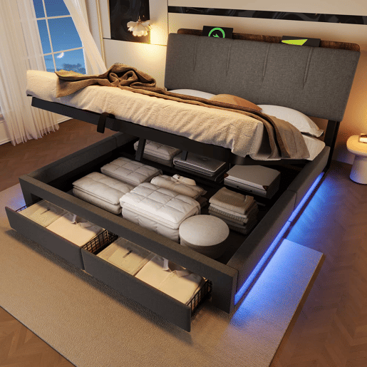 Cama estofada 140x200 cm - armazenamento hidráulico, USB Tipo-C, LED, linho, multifuncional - cinza