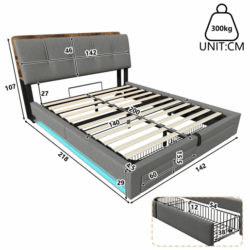 Cama estofada 140x200 cm - armazenamento hidráulico, USB Tipo-C, LED, linho, multifuncional - cinza