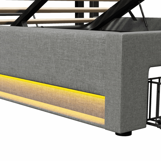 Cama estofada 140x200 cm - armazenamento hidráulico, USB Tipo-C, LED, linho, multifuncional - cinza