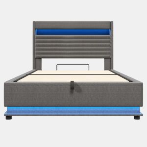 Cama estofada 140x200 cm - com função de carregamento USB Tipo-C, iluminação LED, armazenamento hidráulico, compartimento Flip-Top, sem colchão, controlo por botãoaplicação - Cinza