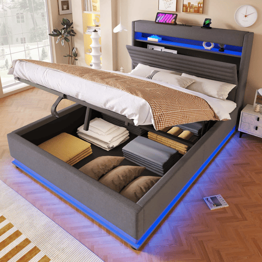 Cama estofada 140x200 cm - com função de carregamento USB Tipo-C, iluminação LED, armazenamento hidráulico, compartimento Flip-Top, sem colchão, controlo por botãoaplicação - Cinza