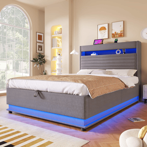 Cama estofada 140x200 cm - com função de carregamento USB Tipo-C, iluminação LED, armazenamento hidráulico, compartimento Flip-Top, sem colchão, controlo por botãoaplicação - Cinza
