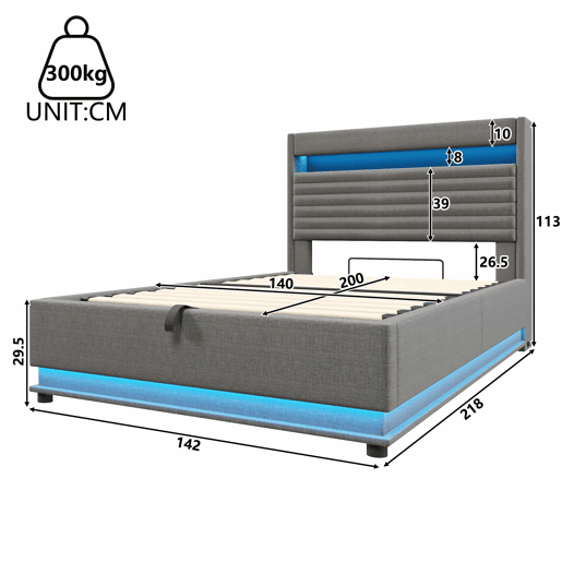 Cama estofada 140x200 cm - com função de carregamento USB Tipo-C, iluminação LED, armazenamento hidráulico, compartimento Flip-Top, sem colchão, controlo por botãoaplicação - Cinza