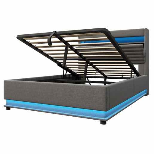 Cama estofada 140x200 cm - com função de carregamento USB Tipo-C, iluminação LED, armazenamento hidráulico, compartimento Flip-Top, sem colchão, controlo por botãoaplicação - Cinza