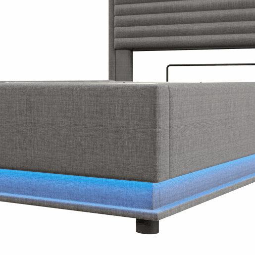 Cama estofada 140x200 cm - com função de carregamento USB Tipo-C, iluminação LED, armazenamento hidráulico, compartimento Flip-Top, sem colchão, controlo por botãoaplicação - Cinza