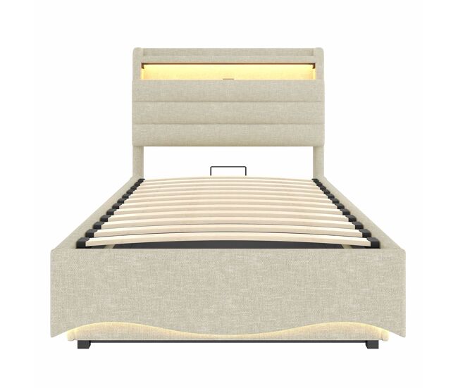 Cama tapizada 90x200 cm - con iluminación led, mecanismo hidráulico, puertos usb y tipo-c, compartimento y estantes, tela de lino - beige