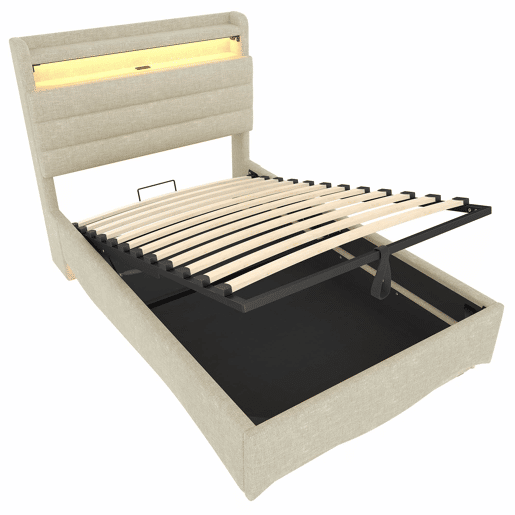 Cama estofada 90x200 cm - com iluminação LED, mecanismo hidráulico, portas USB e Tipo-C, compartimento e prateleiras, tecido de linho - bege