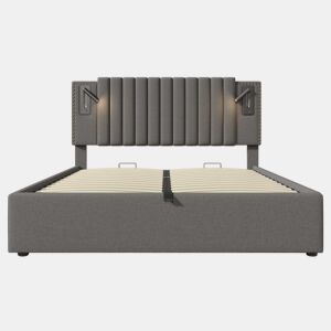 Cama estofada 180x200 - com baú rebatível, luz de leitura com porta USB, cabeceira com encosto e design com rebites, base incluída - cinzenta