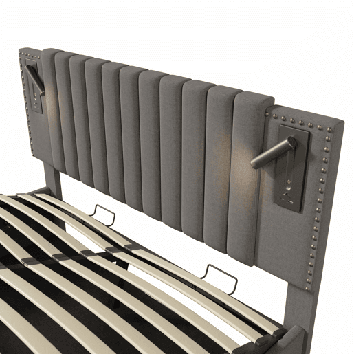 Cama estofada 180x200 - com baú rebatível, luz de leitura com porta USB, cabeceira com encosto e design com rebites, base incluída - cinzenta