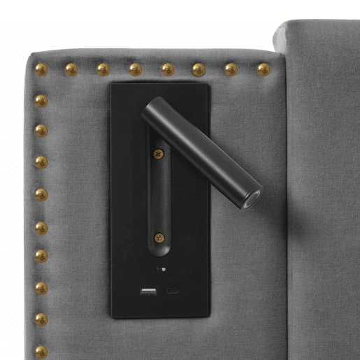 Cama estofada 180x200 - com baú rebatível, luz de leitura com porta USB, cabeceira com encosto e design com rebites, base incluída - cinzenta