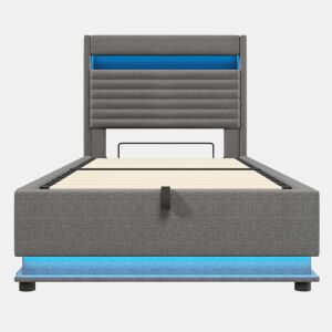 Cama estofada 90x200 cm - com armazenamento hidráulico, LED, USB Tipo-C, compartimento Flip-Top - Cinza