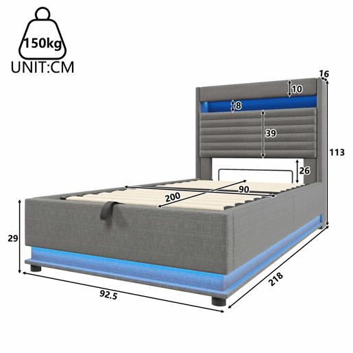 Cama estofada 90x200 cm - com armazenamento hidráulico, LED, USB Tipo-C, compartimento Flip-Top - Cinza