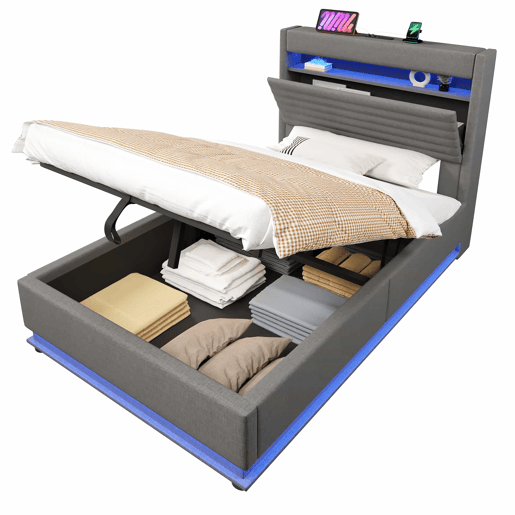 Cama estofada 90x200 cm - com armazenamento hidráulico, LED, USB Tipo-C, compartimento Flip-Top - Cinza
