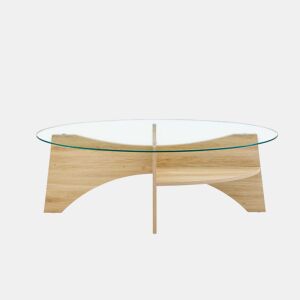 Mesa de café ovalada em vidro temperado u2013 104,9 x 60 cm - Design multifuncional, estrutura com elementos angulares e função de armazenamento integrada - Cor transparente, madeira