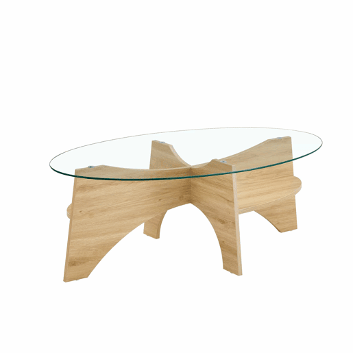 Mesa de café ovalada em vidro temperado u2013 104,9 x 60 cm - Design multifuncional, estrutura com elementos angulares e função de armazenamento integrada - Cor transparente, madeira