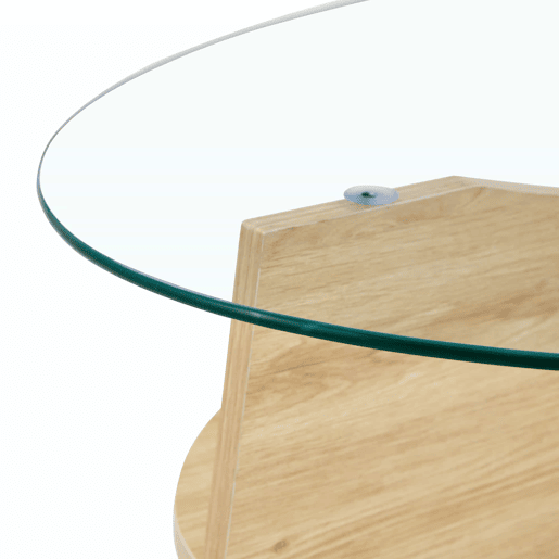 Mesa de café ovalada em vidro temperado u2013 104,9 x 60 cm - Design multifuncional, estrutura com elementos angulares e função de armazenamento integrada - Cor transparente, madeira