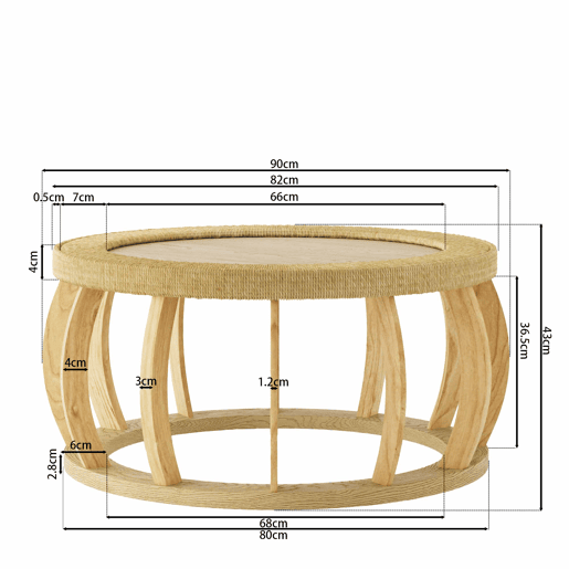 Mesa de centro redonda em rattan e madeira maciça - pernas curvas, estilo boho - natural
