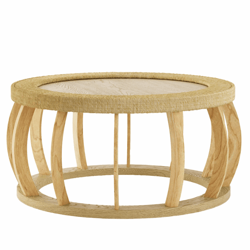 Mesa de centro redonda em rattan e madeira maciça - pernas curvas, estilo boho - natural