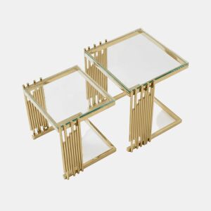 Conjunto de 2 mesas auxiliares modernas quadradas - Mesas de centro pequenas com vidro temperado transparente e pés em aço inoxidável dourado - Dourado + Transparente