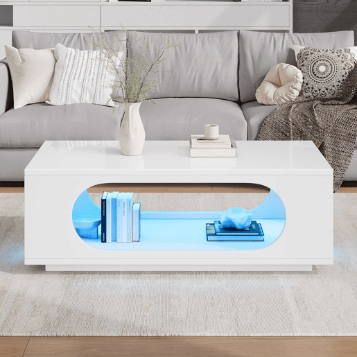Mesa de centro com iluminação LED 100x50x35 cm - controlo por aplicação, MDF, capacidade de 30 kg, alto brilho, design com aberturas, amplo espaço de arrumação - Branco
