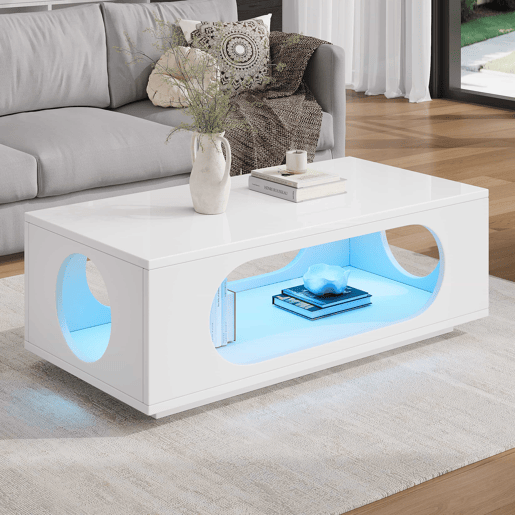 Mesa de centro com iluminação LED 100x50x35 cm - controlo por aplicação, MDF, capacidade de 30 kg, alto brilho, design com aberturas, amplo espaço de arrumação - Branco