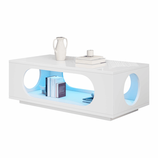 Mesa de centro com iluminação LED 100x50x35 cm - controlo por aplicação, MDF, capacidade de 30 kg, alto brilho, design com aberturas, amplo espaço de arrumação - Branco