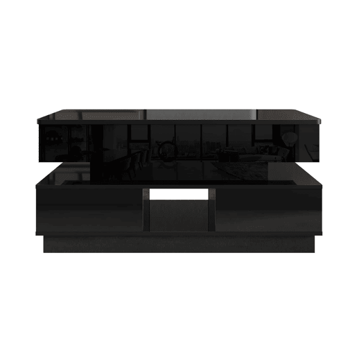 Mesa de centro elevável - acabamento brilhante, altura ajustável, tampo elevável, espaço de arrumação, iluminação LED, tomada integrada, gavetas - Preto