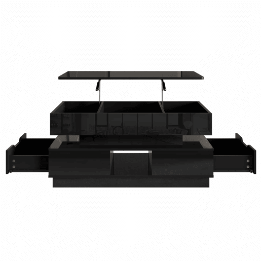 Mesa de centro elevável - acabamento brilhante, altura ajustável, tampo elevável, espaço de arrumação, iluminação LED, tomada integrada, gavetas - Preto