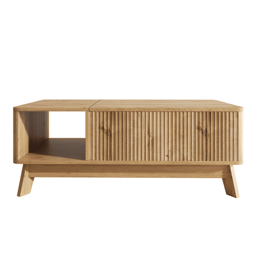 Mesa de centro elevável sem dimensões fixas - design ondulado, compartimento lateral aberto, MDF, estilo moderno - Natural Mesa de centro elevável sem dimensões fixas - design ondulado, compartimento lateral aberto, MDF, estilo moderno - Natural