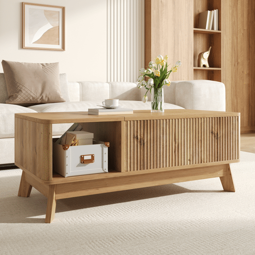 Mesa de centro elevável sem dimensões fixas - design ondulado, compartimento lateral aberto, MDF, estilo moderno - Natural Mesa de centro elevável sem dimensões fixas - design ondulado, compartimento lateral aberto, MDF, estilo moderno - Natural