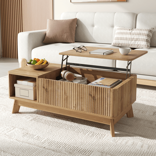 Mesa de centro elevável sem dimensões fixas - design ondulado, compartimento lateral aberto, MDF, estilo moderno - Natural Mesa de centro elevável sem dimensões fixas - design ondulado, compartimento lateral aberto, MDF, estilo moderno - Natural
