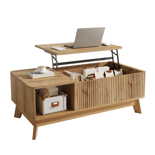 Mesa de centro elevável sem dimensões fixas - design ondulado, compartimento lateral aberto, MDF, estilo moderno - Natural Mesa de centro elevável sem dimensões fixas - design ondulado, compartimento lateral aberto, MDF, estilo moderno - Natural