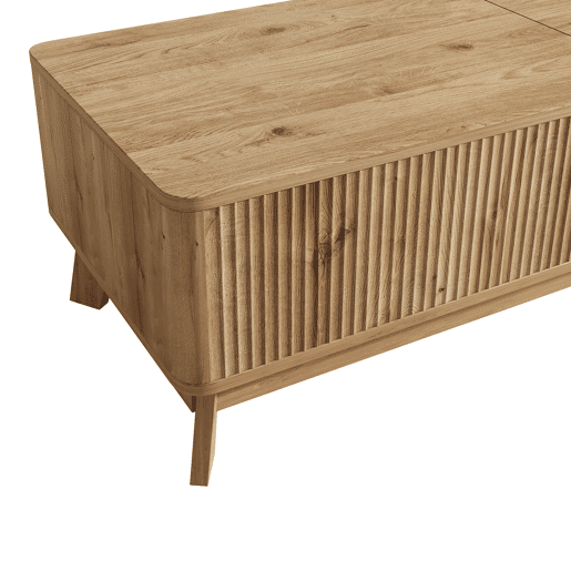 Mesa de centro elevável sem dimensões fixas - design ondulado, compartimento lateral aberto, MDF, estilo moderno - Natural Mesa de centro elevável sem dimensões fixas - design ondulado, compartimento lateral aberto, MDF, estilo moderno - Natural