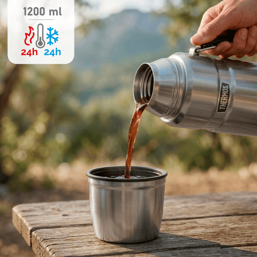 Garrafa térmica Thermos em aço inoxidável 1,2L prateada com pega