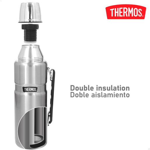 Garrafa térmica Thermos em aço inoxidável 1,2L prateada com pega
