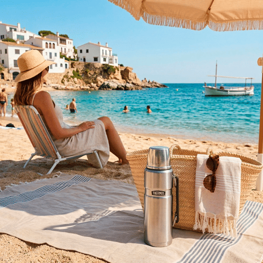 Garrafa térmica Thermos em aço inoxidável 1,2L prateada com pega