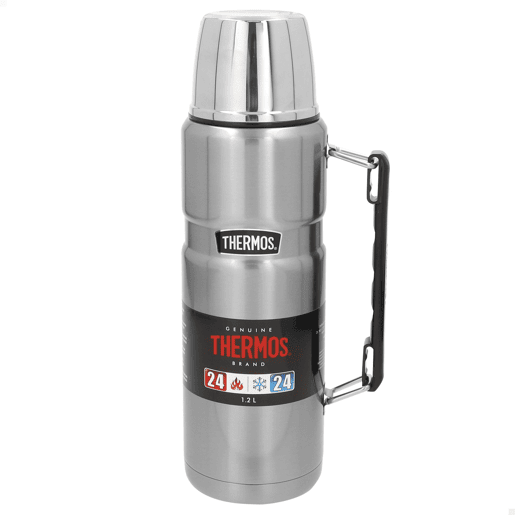 Garrafa térmica Thermos em aço inoxidável 1,2L prateada com pega