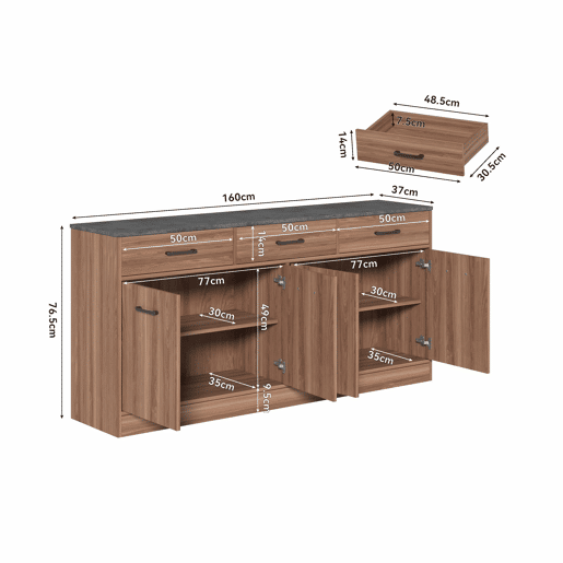 Aparador de cozinha de 160 cm - 3 gavetas, prateleiras ajustáveis, tampo com efeito de betão, design em nogueira - cor nogueira