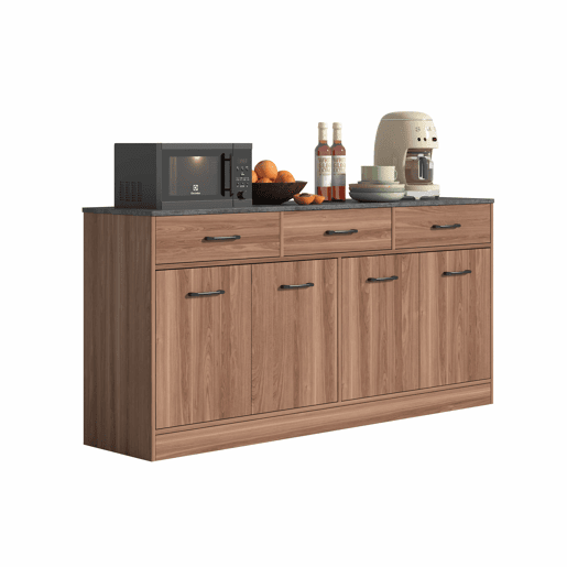 Aparador de cozinha de 160 cm - 3 gavetas, prateleiras ajustáveis, tampo com efeito de betão, design em nogueira - cor nogueira