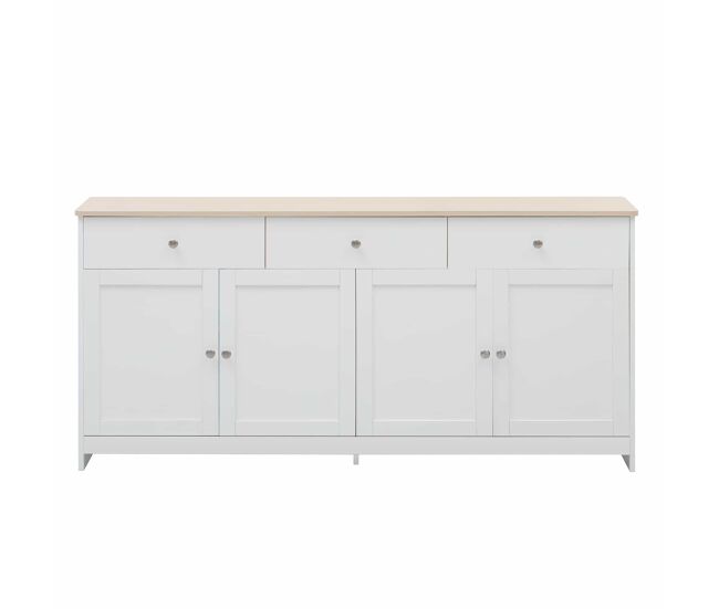 Aparador — con veta de madera blanca, 4 puertas y 3 cajones para salón y comedor - blanco