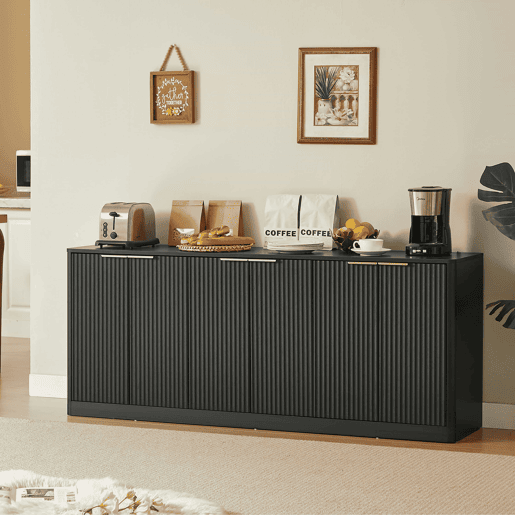 Aparador de 170 cm - Design ondulado moderno, 6 portas, arrumação multifuncional - Preto Aparador de 170 cm - Design ondulado moderno, 6 portas, arrumação multifuncional - Preto