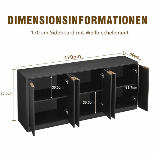 Aparador de 170 cm - Design ondulado moderno, 6 portas, arrumação multifuncional - Preto Aparador de 170 cm - Design ondulado moderno, 6 portas, arrumação multifuncional - Preto