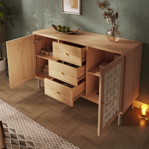 Aparador 120 x 40 x 75 cm - 2 portas, 3 gavetas, prateleiras ajustáveis, pés metálicos, antiderrapante, para sala de estar, corredor, cozinha - carvalho