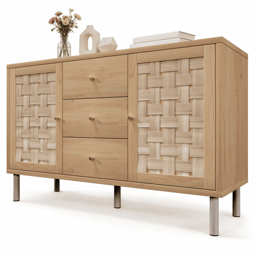 Aparador 120 x 40 x 75 cm - 2 portas, 3 gavetas, prateleiras ajustáveis, pés metálicos, antiderrapante, para sala de estar, corredor, cozinha - carvalho