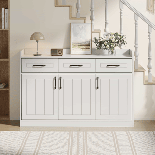 Aparador 120 x 35 x 80 cm - móvel de sala com 3 gavetas e 3 portas, prateleiras ajustáveis, puxadores, design às riscas, capacidade de 60 kg, aparador de entrada - branco